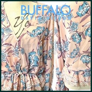 Buffalo David Bitton Pink/Blue Floral Sheer Lace Trim Boho Blouse (S/M)
